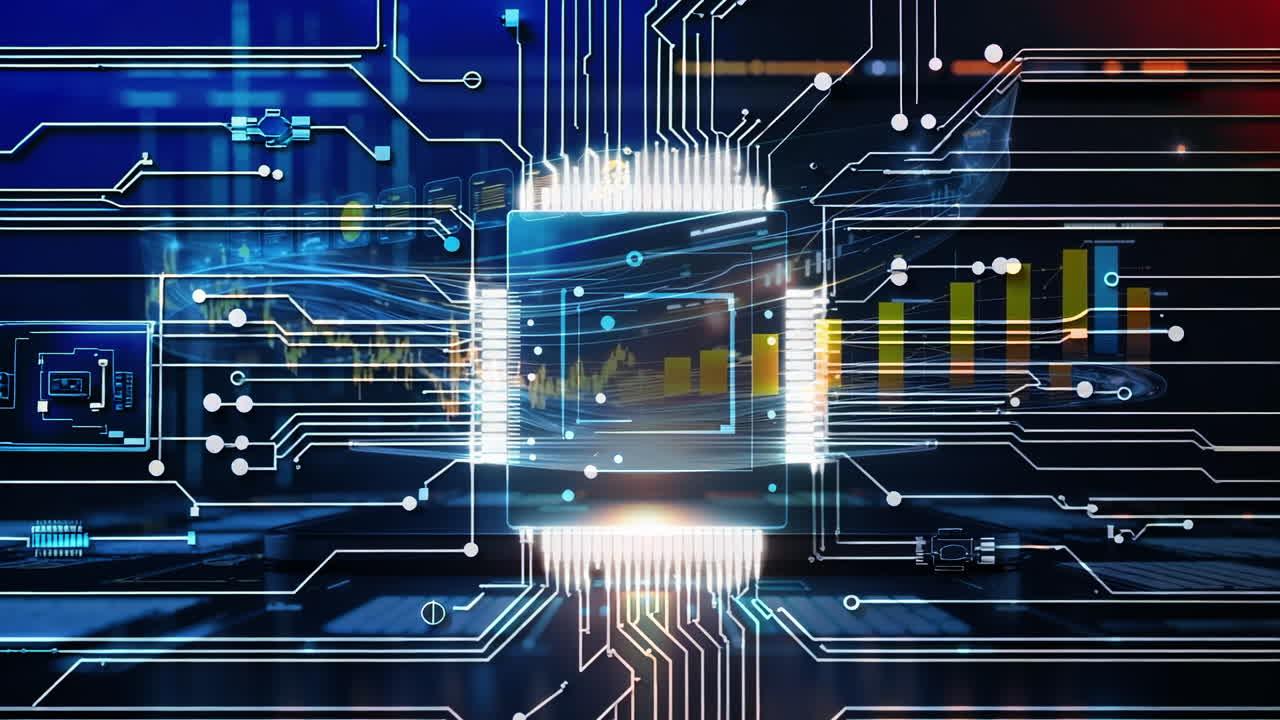 Abstract Digital Circuit Board and CPU with Data Visualization