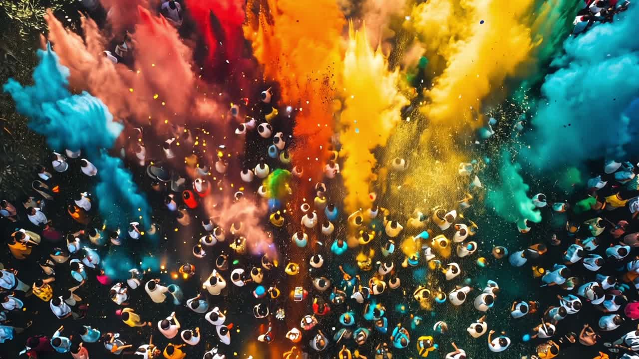 Colorful Powder Celebration with Crowd from Above