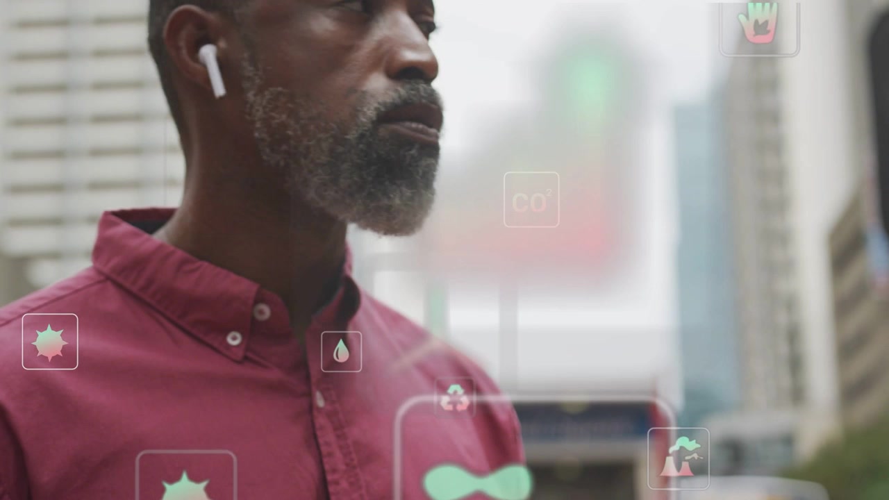 Senior man tapping phone causing AR icons overlapping him lifting gaze with earbuds checking area