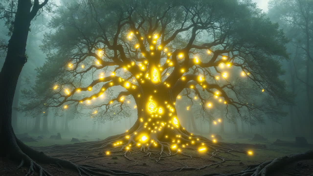 Ancient Tree Emitting Golden Light and Symbols in a Mystical Forest