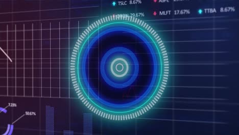 Animation-Eines-Neon-Rundscanners,-Der-Sich-über-Die-Statistische-Und-Börsendatenverarbeitung-Dreht