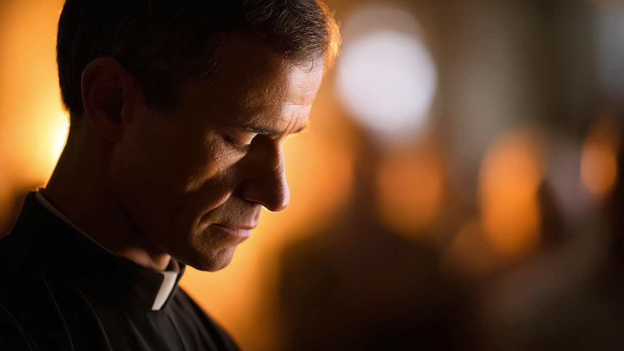 Momento contemplativo nella vita di un religioso: una riflessione sulla fede e la pace interiore catturata in un ambiente intimo con effetti di luce eterei