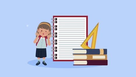 back to school animation with schoolgirl and supplies