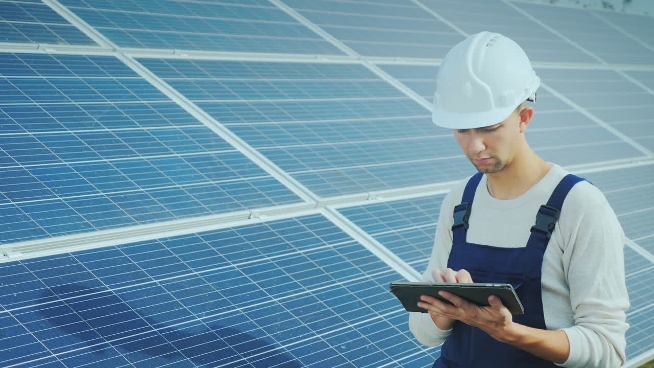 A Good-Looking Worker Uses A Tablet Near Ground-Based Solar Panels