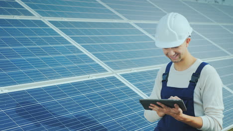 a good-looking worker uses a tablet near ground-based solar panels