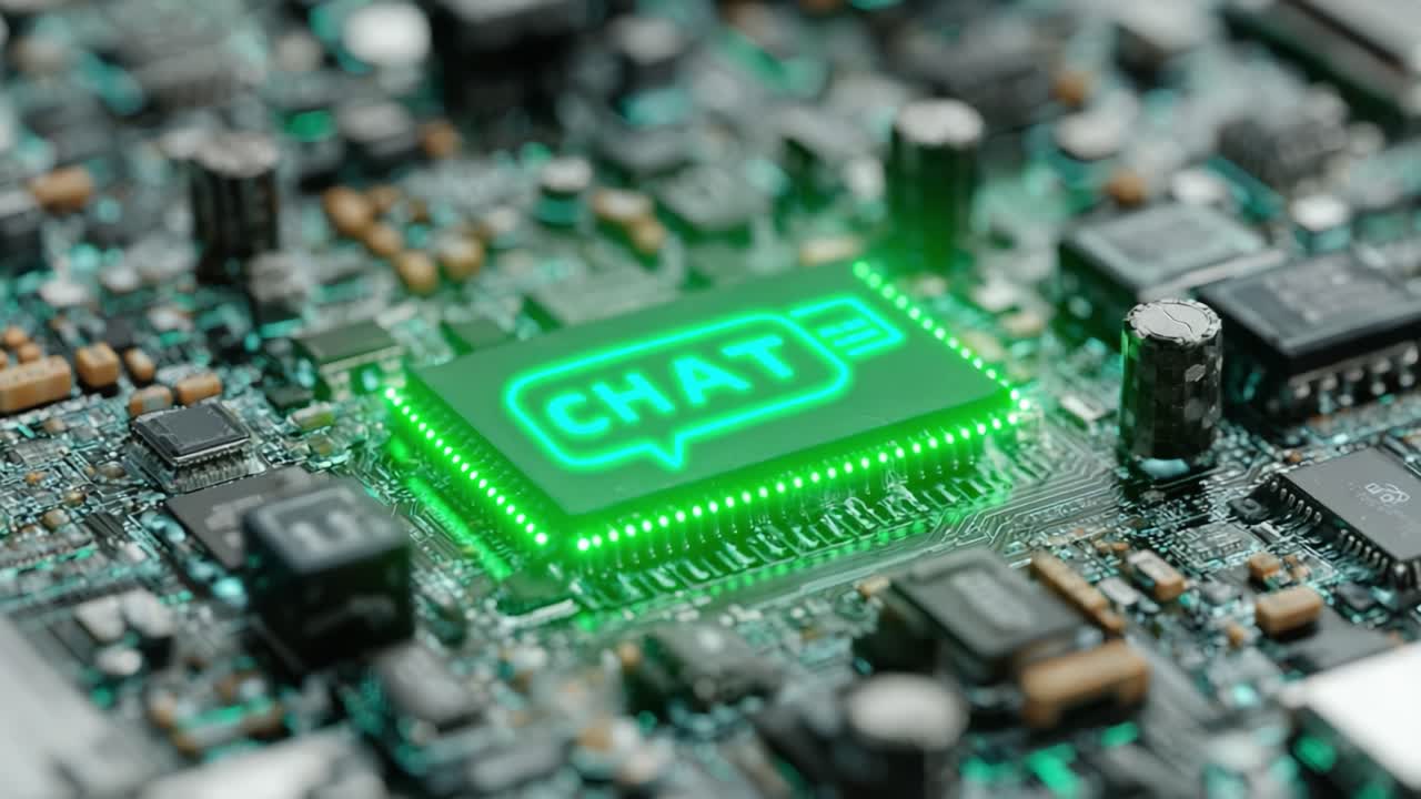 High-Tech Circuit Board with CHAT Interface: A Close-Up View of Advanced Electronics Featuring Communication Technology Design and Digital Innovations in Modern Hardware