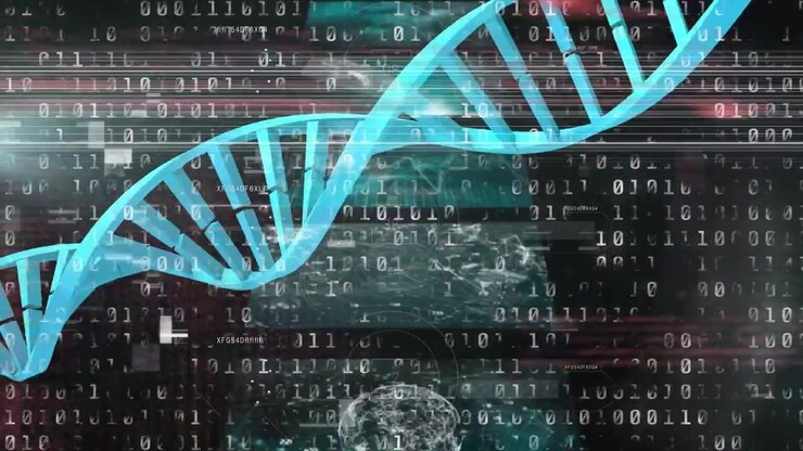 Digital DNA Helix Animation with Data Streams and Binary Code