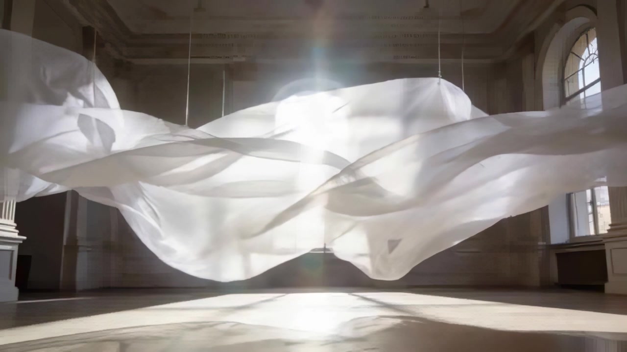 Uma cortina de tecido branco transparente esvoaçante reagindo ao sol da claraboia em uma galeria, mostrando cabos finos.