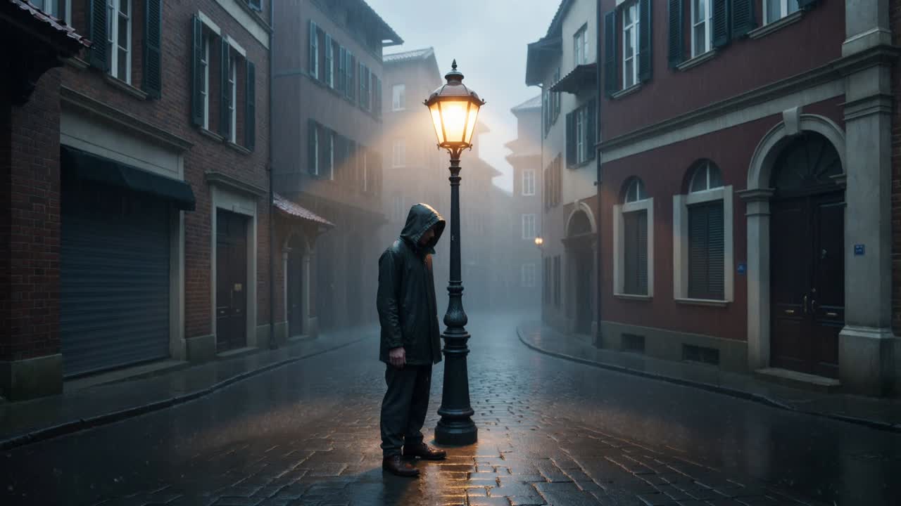 Stående hætteklædt mand bukker sig ved siden af en lampe på en brostensbelagt gade, lampen tændes og belyser tåge og vandpytter.