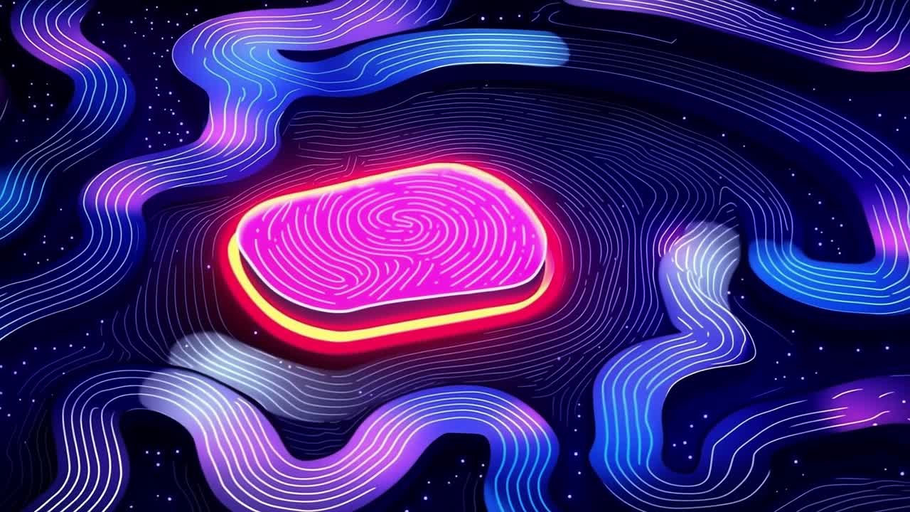 Vibrant geometric design. A vibrant geometric shape surrounded by flowing lines creates a dynamic and colorful abstract design.