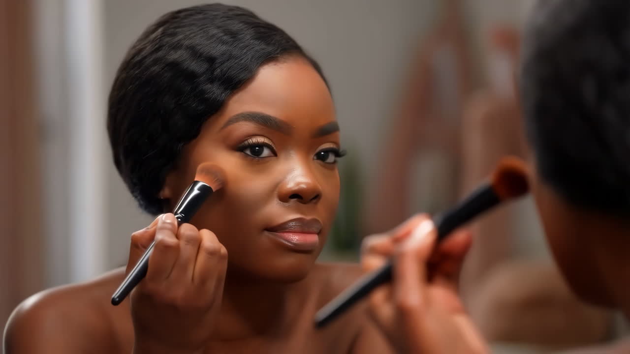 Young African American Woman Applying Makeup in Mirror