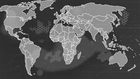 Animation-of-world-map-over-shapes-on-black-background