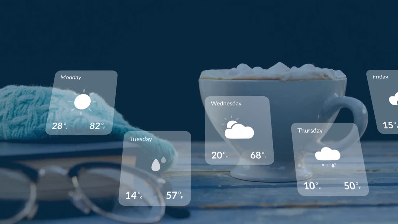 Animation of weather forecast over cup of coffee and glasses