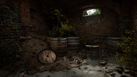 abandoned cellar with barrels and a chair surrounded by nature