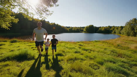 father and children enjoying outdoor activities by a lake