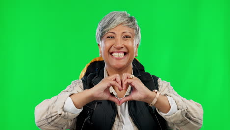 Heart,-green-screen-and-senior-woman-hiking