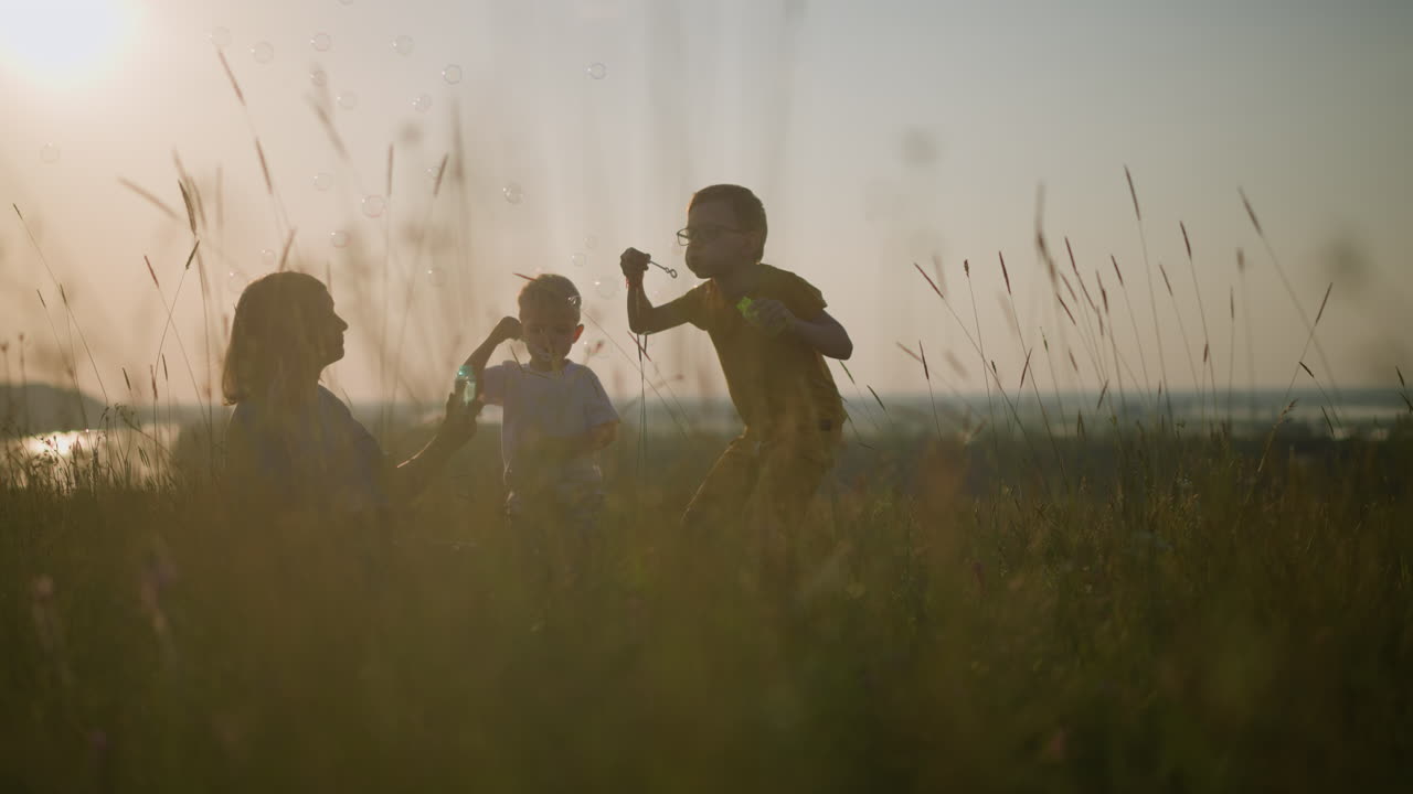 빛이 비치는 들판에서 한 여인이 풀에 앉아있는 동안 작은 소년이 그녀의 에 구부러지고 다른 소년이 근처에 서 있습니다. 그들은 기게 공중에 거품을 불어넣습니다.