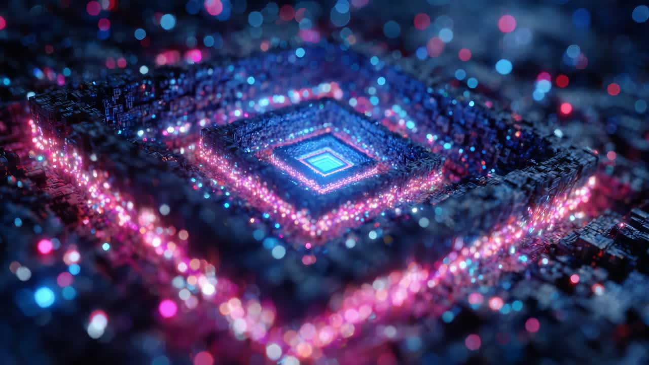 En surrealistisk visualisering av en fascinerande geometrisk struktur som glöder med livfulla färger, och visar intrikata mönster och pulserande ljus i en futuristisk digital miljö