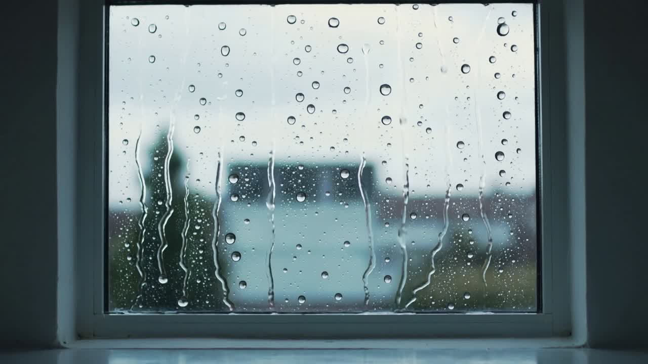 Showing window pane gathering raindrops and running streaks inside room, as rain rising outside