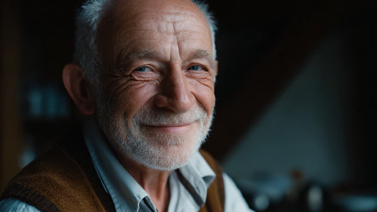 Un sorriso caldo e riconoscente di un uomo anziano riflette una vita di saggezza ed esperienza, catturando l'essenza della gioia e della contentezza in un ritratto delicato.