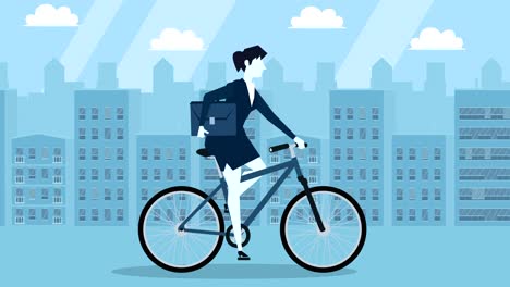 blue style businesswoman white bicycle rider flat cartoon character animation
