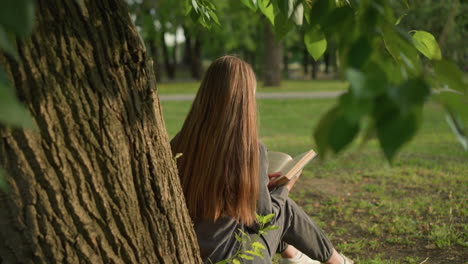 back view of lady seated under tree reading book, leaning against trunk, sunlight softly illuminates her hair and shoulders, legs slightly stretched, surrounded by greenery