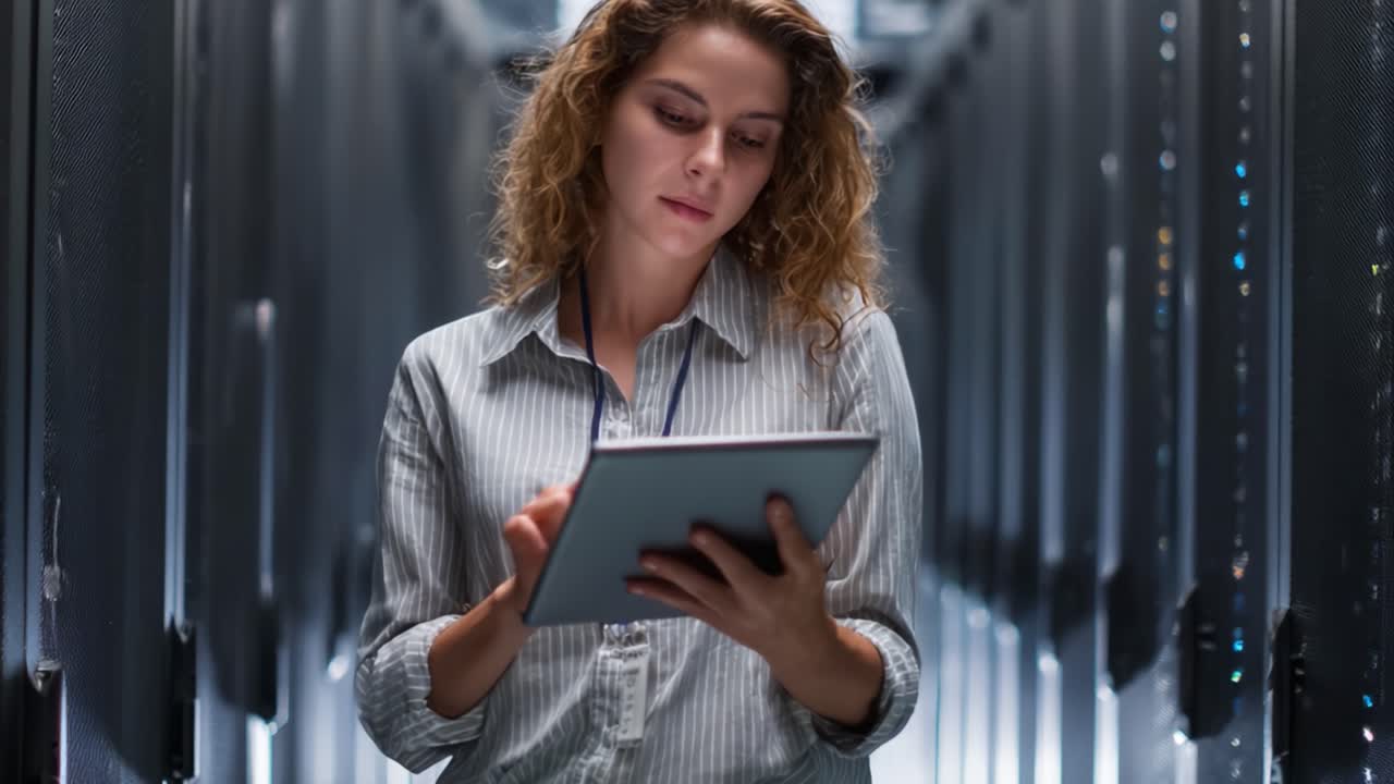 En IT-professionel analyserer data på en tablet i et serverrum, omgivet af serverreoler og digitalt udstyr, hvilket understreger moderne IT-infrastrukturløsninger