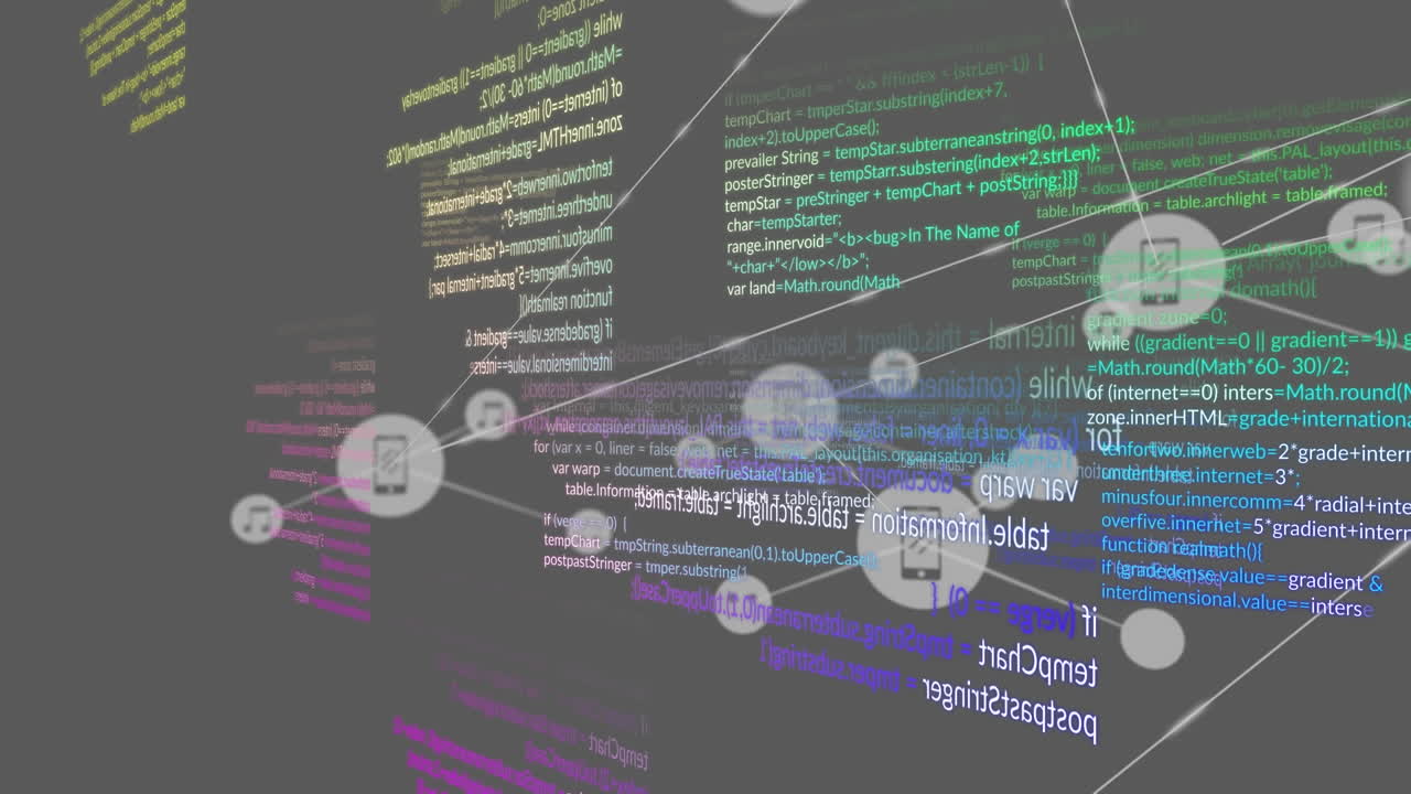 Animation of connected icons and multicolored computer language over black background