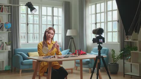 Influencer Young Transgender Man Blogger Talks About Makeup. Transgender Man Recording Video Blog Tells How To Be Beautiful. Blogger Talks Facial Beauty Treatments. Vlogger Broadcasts How To Use Of Cosmetic