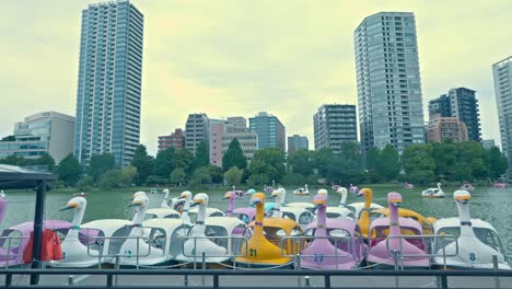 colorful swan boats float on shinobazu pond in ueno park, with tokyo's modern skyline visible in the background, blending nature and urban life.