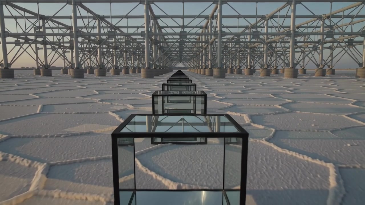 Moving camera advancing along glass cubes on hexagon saltflat bringing front face closer with truss