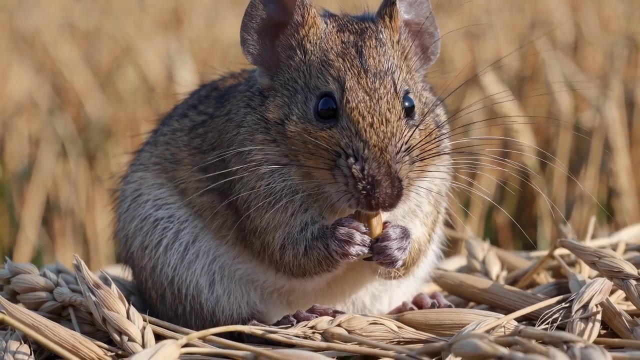 Close-up of a Small Field Mouse Eating Grain in a Wheat Field