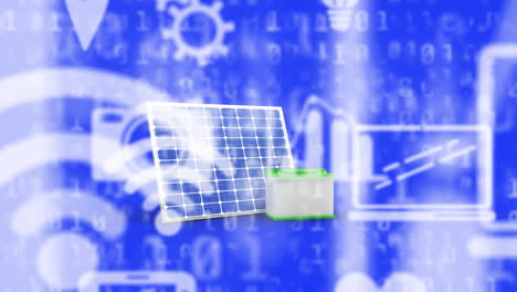 animation of digital media icons over photovoltaic panel and battery on blue