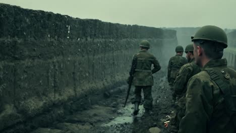 soldiers walking through a trench during a war