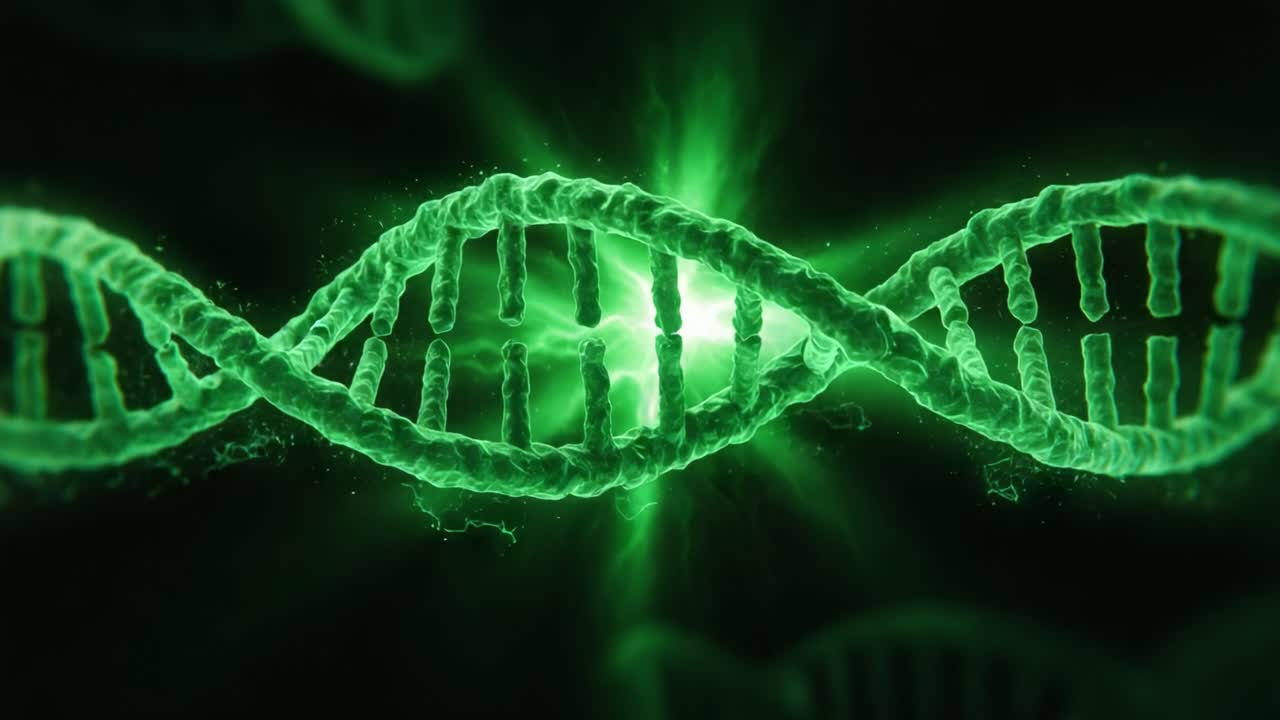 A Stunning Visualization of Green DNA Strands Representing Genetic Structures and Molecular Biology with Glowing Particles and a Dark Background
