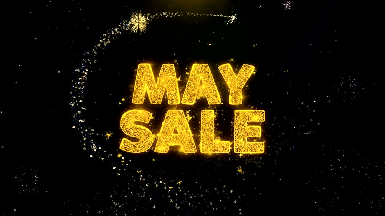 May Sale Text on Gold Particles Fireworks Display.