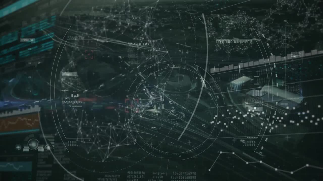 animación del procesamiento de datos y la red de conexiones sobre el paisaje urbano