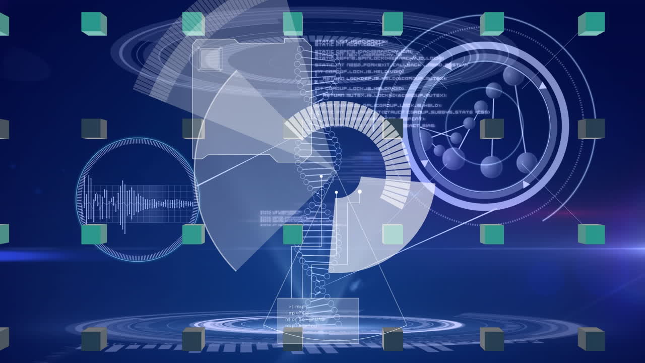 파란색 배경에 있는 dna 줄기 위의 스 ⁇  스캐닝과 데이터 처리 애니메이션