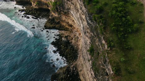 vista de pájaro que avanza, acantilados rocosos de tanjung, hierba verde y árbol en la cima del acantilado