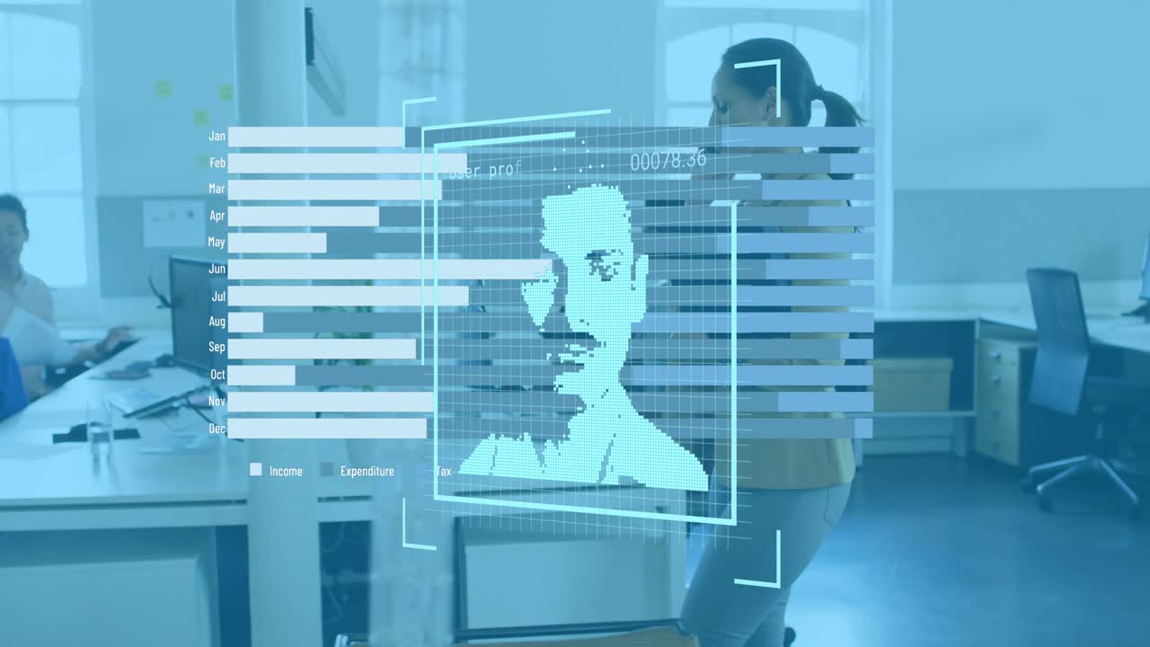 Animation of user photos and graphs over woman with smartphone in office