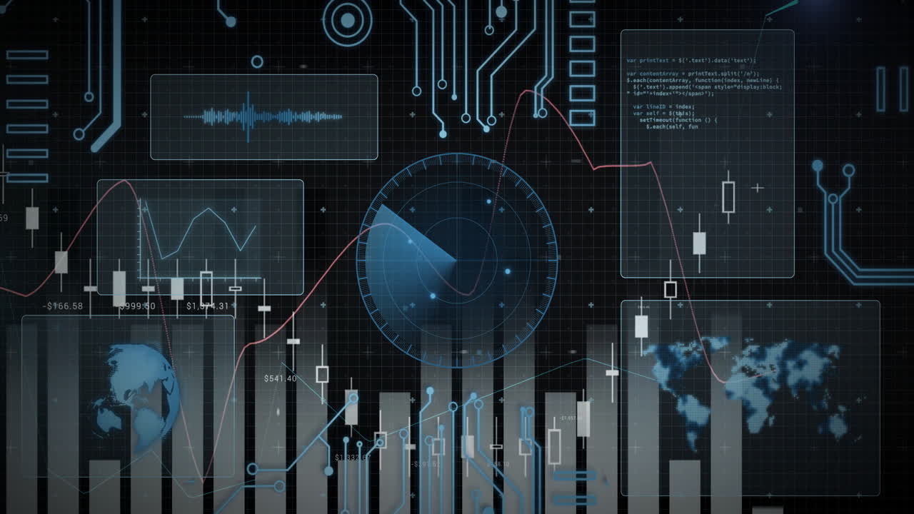 Analyzing data, digital interface with graphs, charts, and animation effects