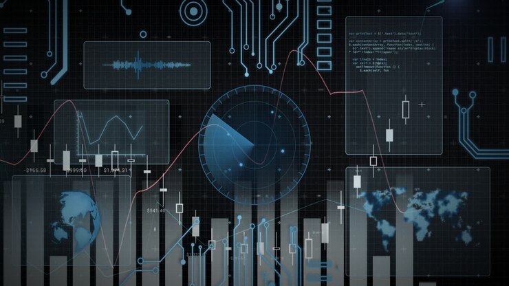 Analyzing data, digital interface with graphs, charts, and animation effects