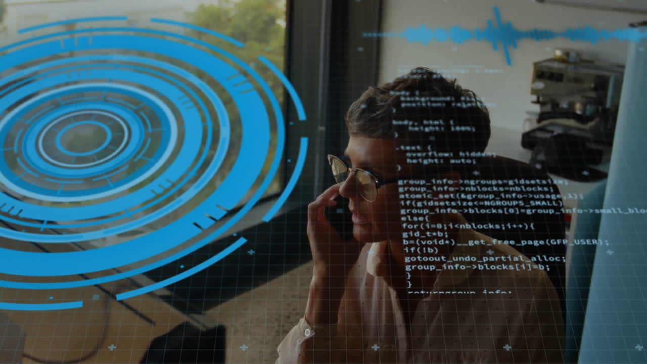 Animation of data processing and scope scanning over caucasian businesswoman talking on smartphone