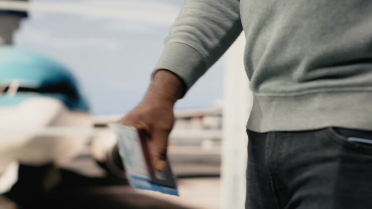 Primo piano di documenti di viaggio tenuti da un turista che cammina in aeroporto