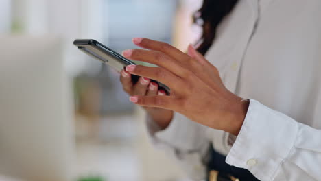 Phone,-hands-or-businesswoman-in-office-on-social