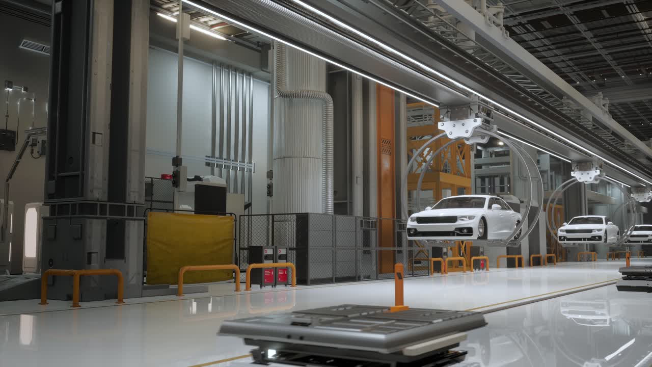 Ev Production Line On Advanced Automated Bright Factory. High Performance Electric Car Manufacturing. Car Batteries Being Attached To Electric Vehicles On Assembly Line. Agv Transport Batteries