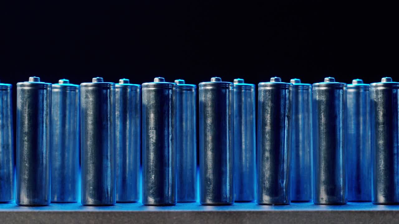 Silver batteries AA and AAA in neon light close-up. Double-A battery is a standard size single cell cylindrical dry battery. Batteries are common in portable electronic devices. An AA battery is composed of a single electrochemical cell that may be either a primary battery or a rechargeable battery.