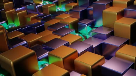 slow motion graphics sci fi: futuristic opaque gold and purple rectangular boxes and silver round checkered balls jumping up and down in wave designs