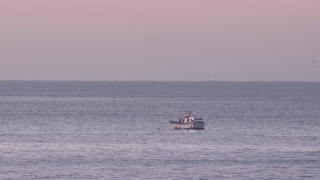 Idyllic-scene-capturing-small-fishing-boat-on-sea-surface-with-seagulls-flying-around-it,-location-near-coastline-of-Portugal