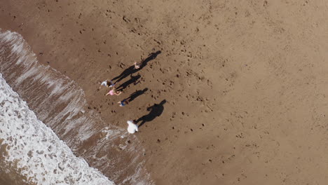 tomada de un dron de una familia de vacaciones corriendo a lo largo de la playa en las olas que rompen